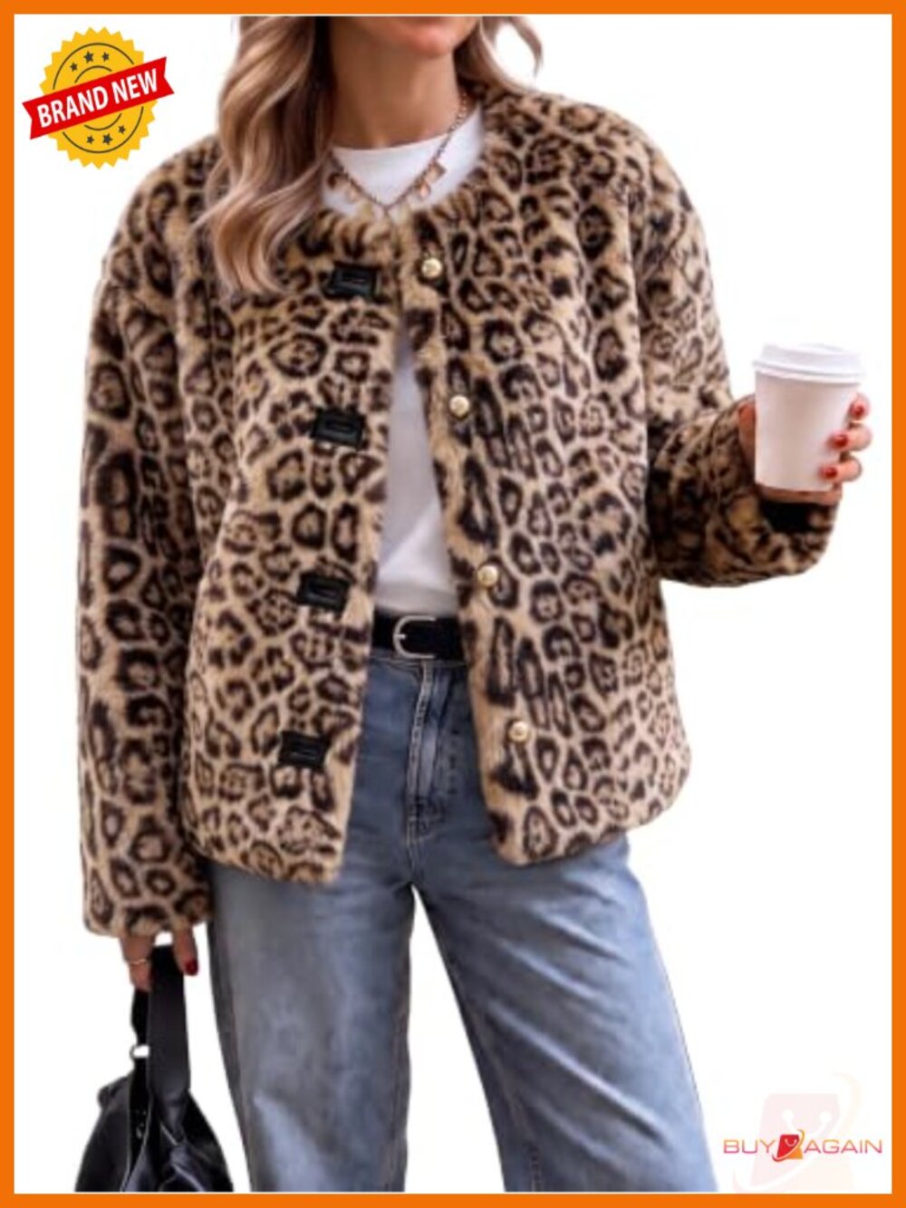 Womens Leopard Faux Fur Coat Button Down Winter Warm Shaggy Outerwear
